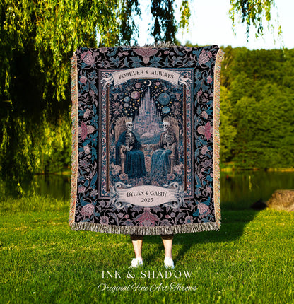 Celestial Skeleton Lovers Custom Throw | Dark Academia Castle Fantasy Whimsigothic Personalized Couple Fairytale Floral Magic Aesthetic Gift