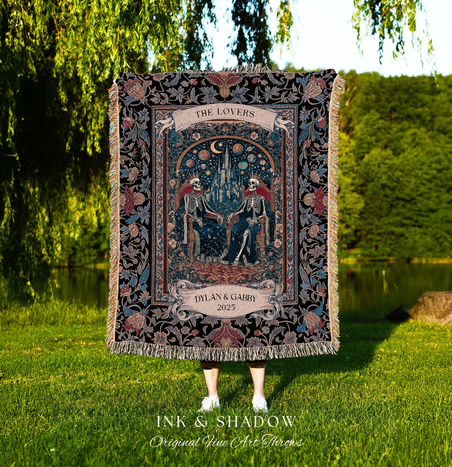 Gothic Personalized Royal Couple Throw Blanket | Dark Moody Colors Dark Academia Wedding Baroque Romance Anniversary Gift Celestial Royalty