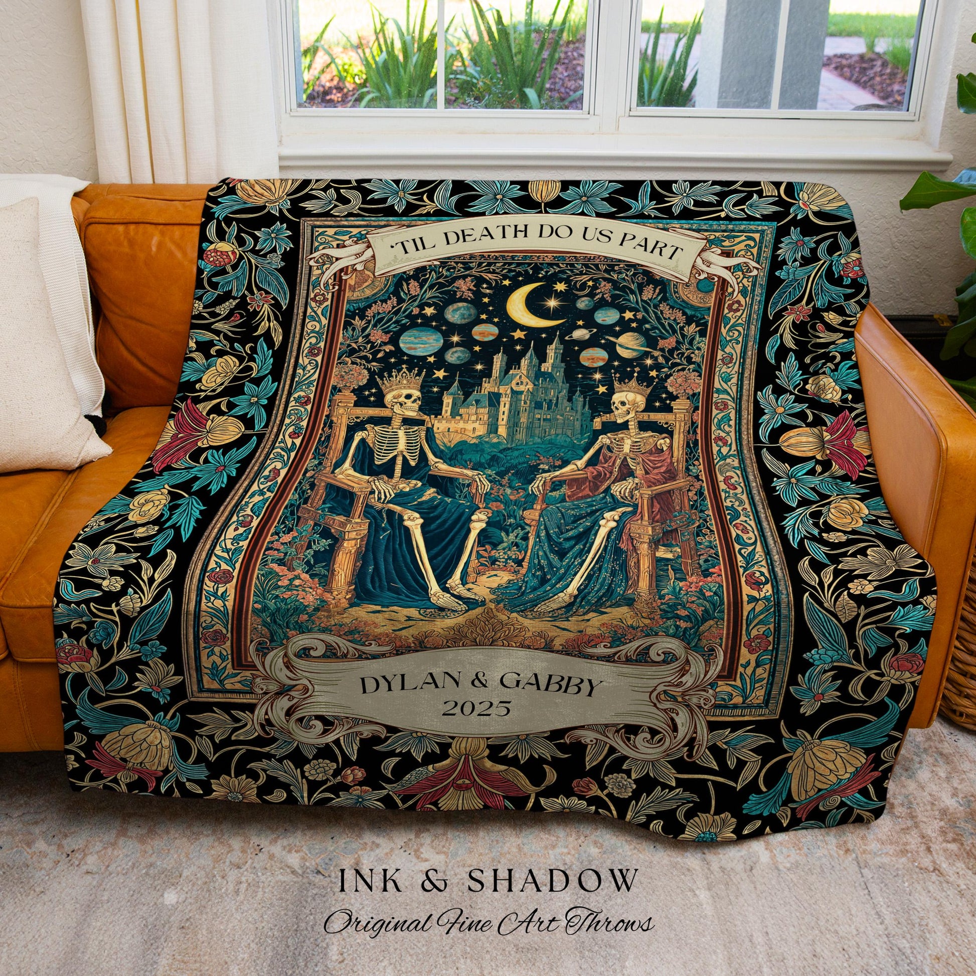 Starlit Skeleton Lovers Celestial Throw | Gothic Castle Whimsigothic Romance Cosmic Sky Baroque Magical Personalized King and Queen Blanket