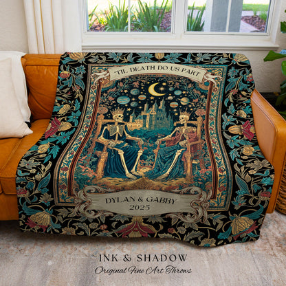 Starlit Skeleton Lovers Celestial Throw | Gothic Castle Whimsigothic Romance Cosmic Sky Baroque Magical Personalized King and Queen Blanket