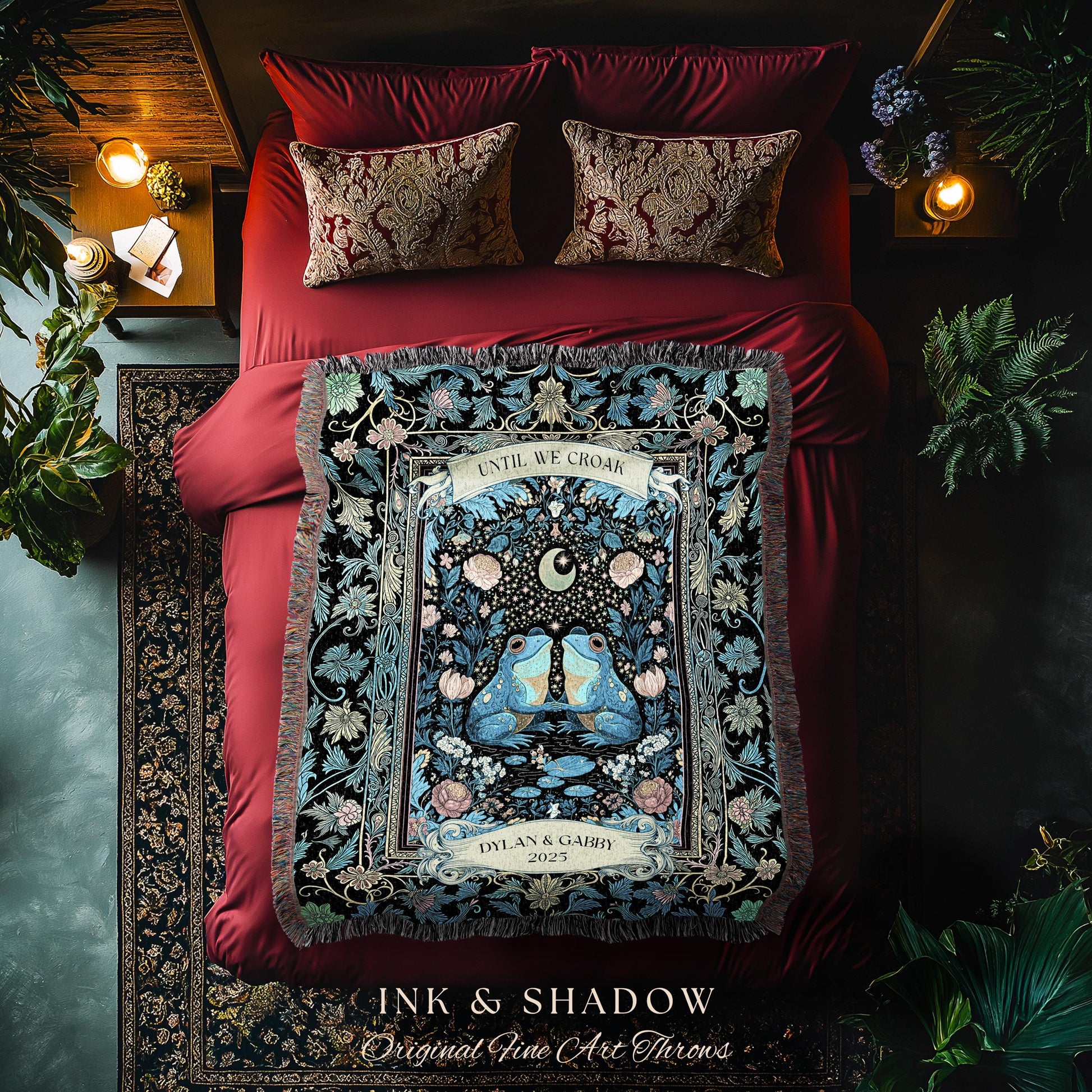 Personalized Frog Lovers Blue Moon Throw | Whimsigoth Woven Tapestry Enchanted Garden Until we Croak Gift Goblincore Couple Custom Blanket