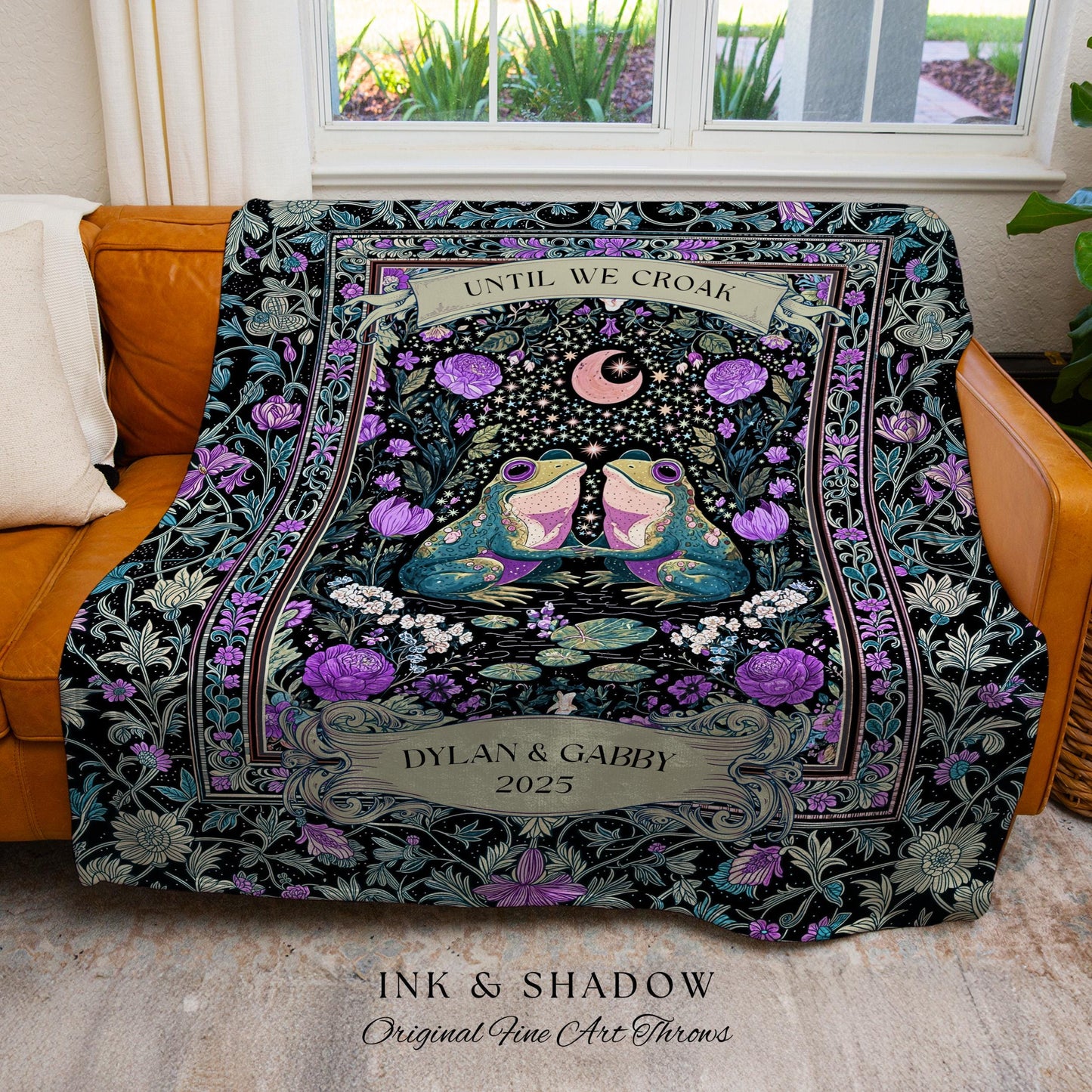 Cute Boho Personalized Frog Couple Blanket | Whimsical Sentimental Gift Custom Tapestry Forestcore Wedding Cottagecore Until we Croak Toad |