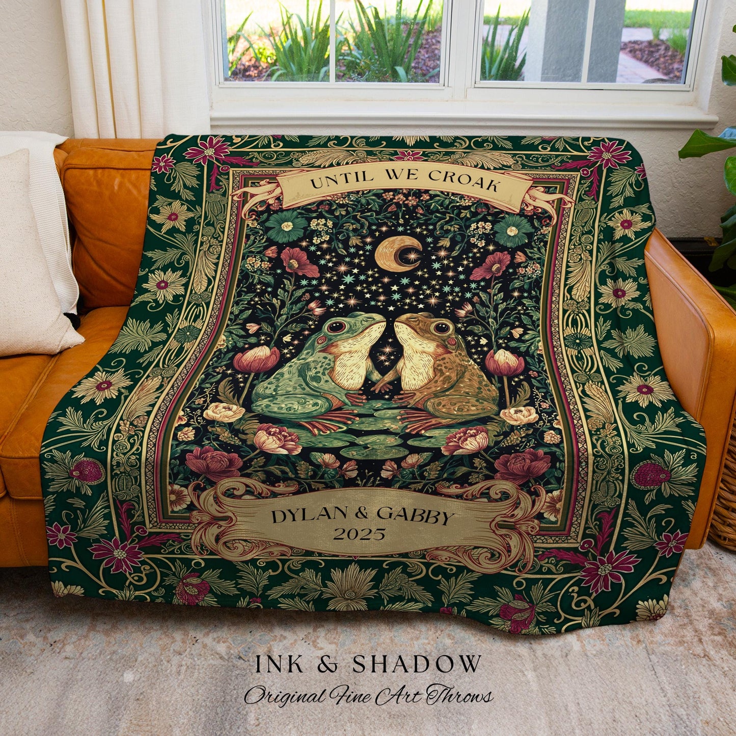 Whimsical Floral Custom Frog Couple Throw | Fairycore Aesthetic Cottagecore Personalized Frog Lovers Gift Until we Croak Botanical Aesthetic