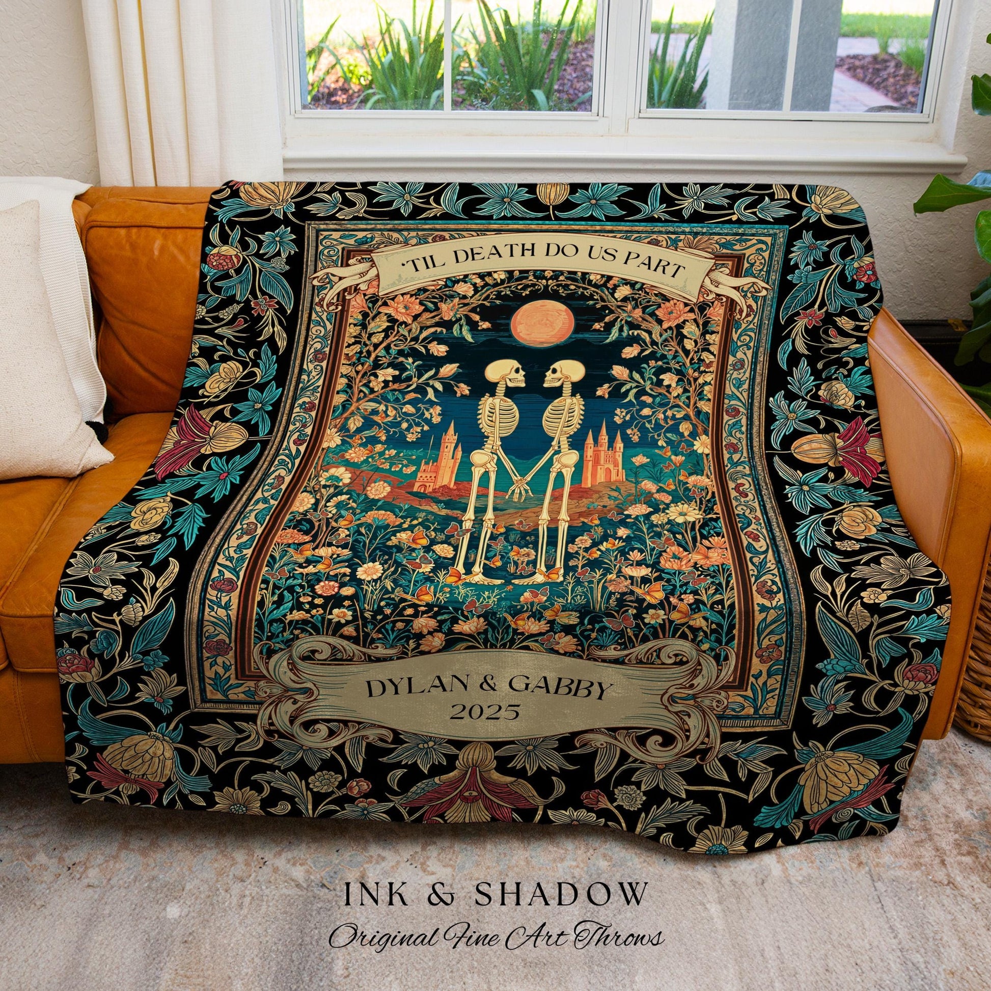 Folk Art Skeleton Lovers Personalized Throw | Cottagecore Witchy Wedding Custom Fairytale Wildflower Romantic Anniversary Gothic Castle |