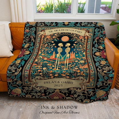 Folk Art Skeleton Lovers Personalized Throw | Cottagecore Witchy Wedding Custom Fairytale Wildflower Romantic Anniversary Gothic Castle |
