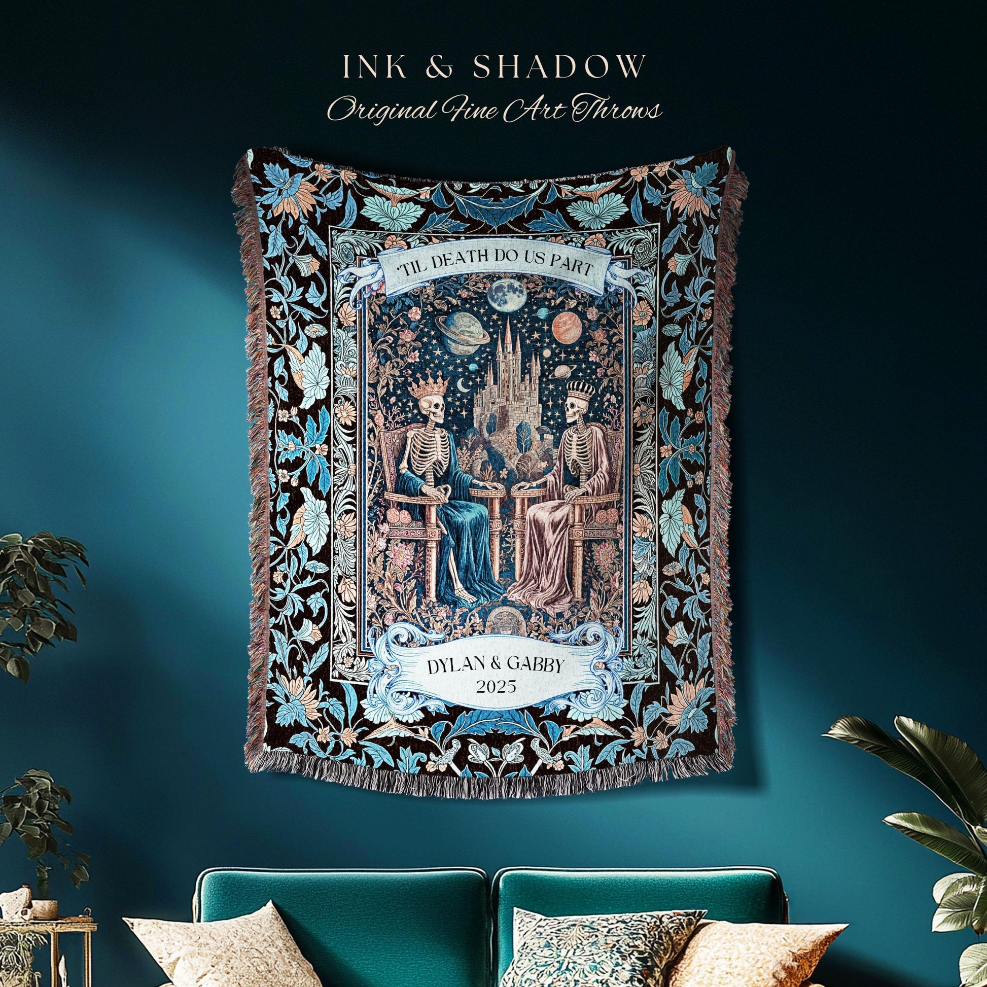 Custom His & Her Skeleton Lovers Blanket | Gothic Aesthetic Royal Romance Baroque Fantasy Cosmic Pastel Whimsical Couple Personalized Throw