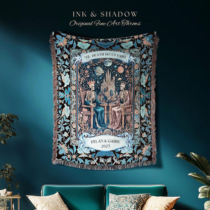 Custom His & Her Skeleton Lovers Blanket | Gothic Aesthetic Royal Romance Baroque Fantasy Cosmic Pastel Whimsical Couple Personalized Throw