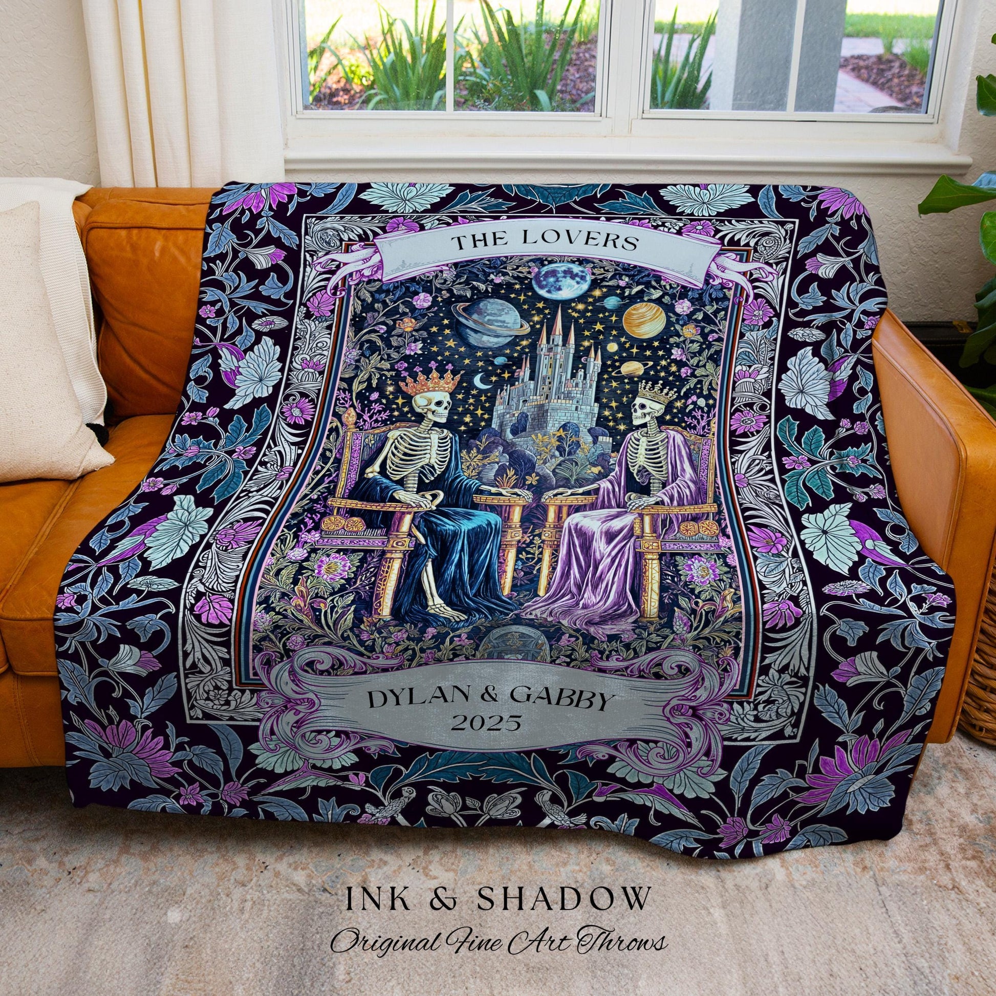 Personalized Skeleton Throne Celestial Throw | Whimsical Baroque Lovers Gothic Fairytale Custom King & Queen Ethereal Floral Aesthetic Gift