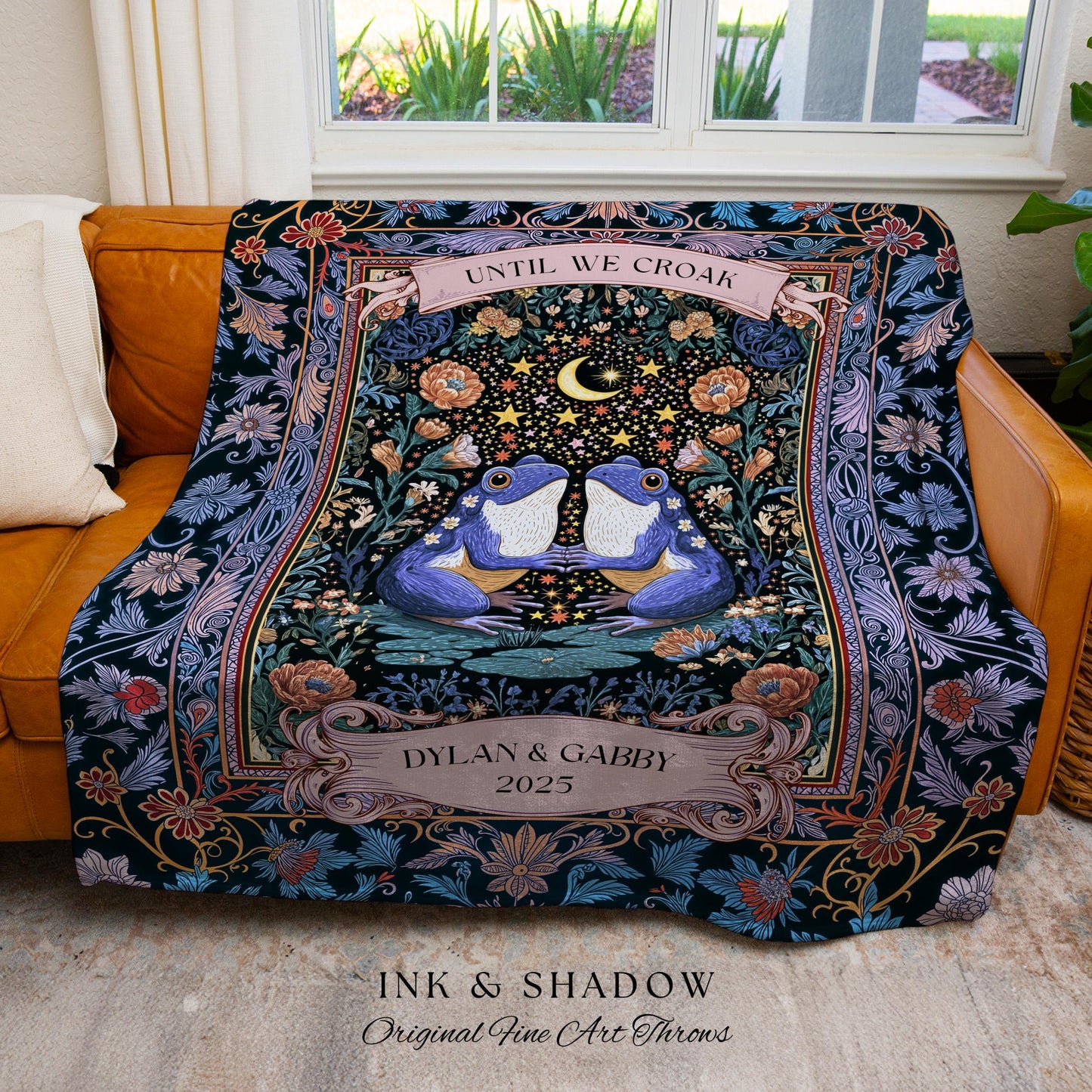 Dark Botanical Personalized Lovers Tapestry | Celestial Gift Frog Lovers Woven Throw Blanket Aesthetic Until we Croak Custom Cottagecore |