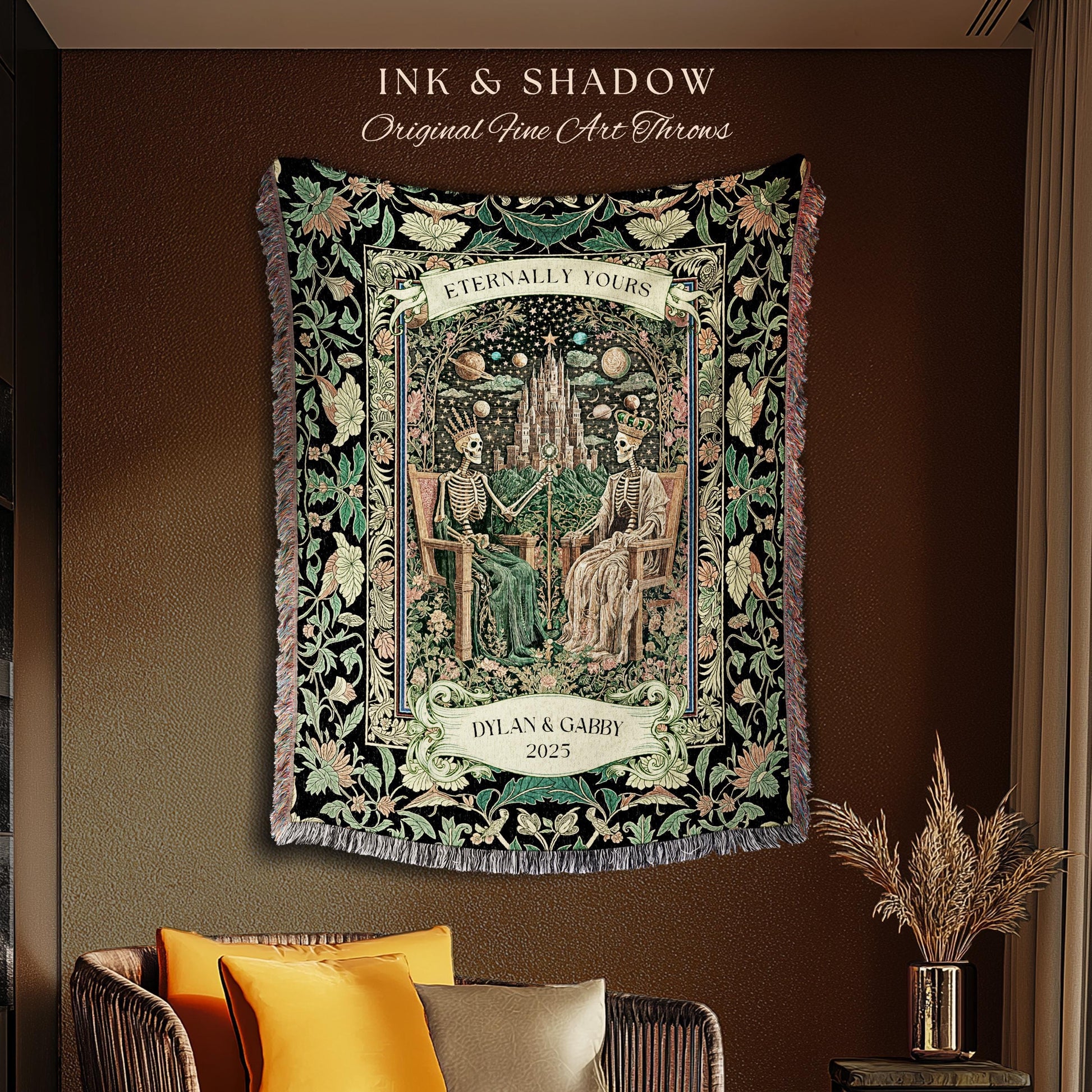 Custom Skeleton Couple Gothic Blanket | Regal Regency Victorian Baroque King and Queen Skeletons Celestial Fantasy Mystic Throw Personalized