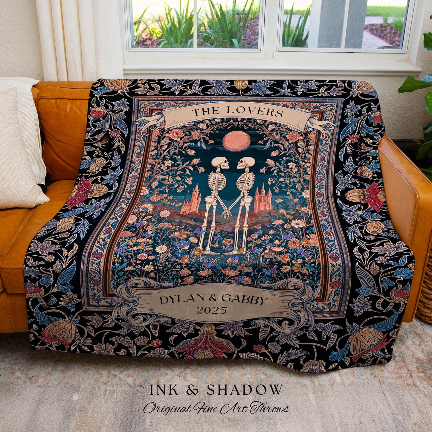 His & Hers Botanical Skeleton Blanket | Autumn Aesthetic Personalized Anniversary Gift Cottagecore Fantasy Castle Floral Tarot Lovers Custom