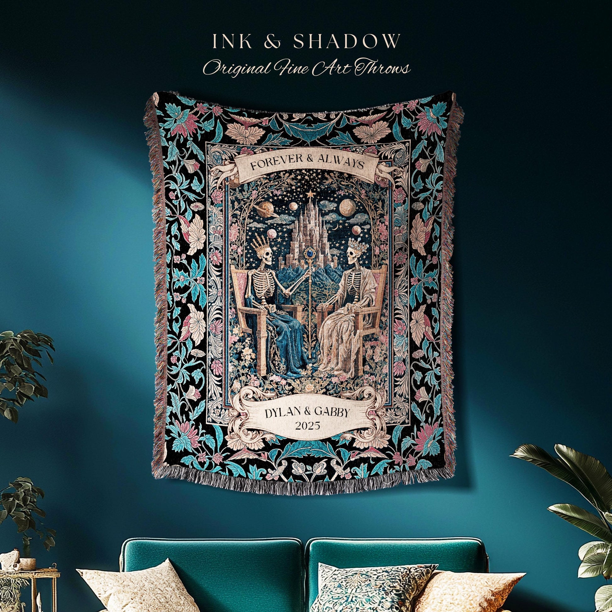 Celestial Couple Custom Skeleton Baroque Throw | Goth Regal Romance Castle King & Queen Whimsical Lovers Blanket Magic Mystical Personalized