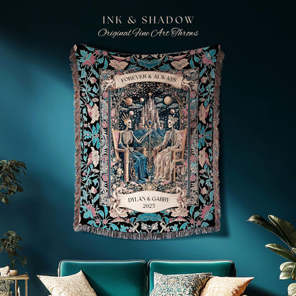 Celestial Couple Custom Skeleton Baroque Throw | Goth Regal Romance Castle King & Queen Whimsical Lovers Blanket Magic Mystical Personalized