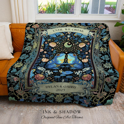 Personalized Frog Lovers Blue Moon Throw | Whimsigoth Woven Tapestry Enchanted Garden Until we Croak Gift Goblincore Couple Custom Blanket