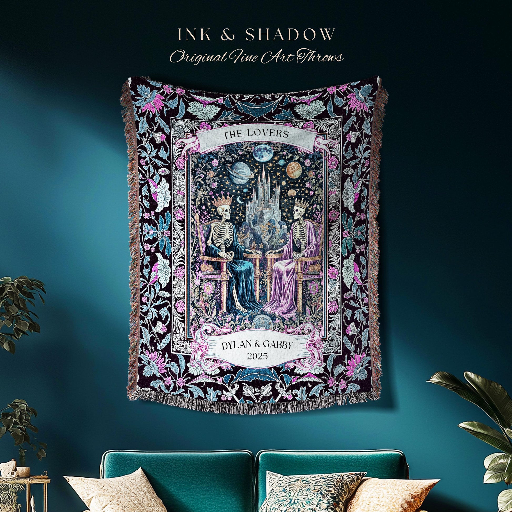 Personalized Skeleton Throne Celestial Throw | Whimsical Baroque Lovers Gothic Fairytale Custom King & Queen Ethereal Floral Aesthetic Gift