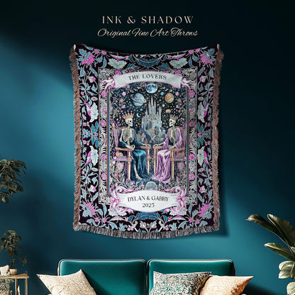 Personalized Skeleton Throne Celestial Throw | Whimsical Baroque Lovers Gothic Fairytale Custom King & Queen Ethereal Floral Aesthetic Gift