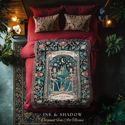 Starlit Skeleton Lovers Celestial Throw | Gothic Castle Whimsigothic Romance Cosmic Sky Baroque Magical Personalized King and Queen Blanket