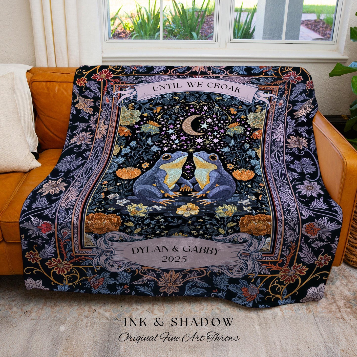 Dark Botanical Couple Custom Frog Blanket | Mystical Folklore Anniversary Gift Whimsigoth Until we Croak Cottagecore Fairycore Personalized