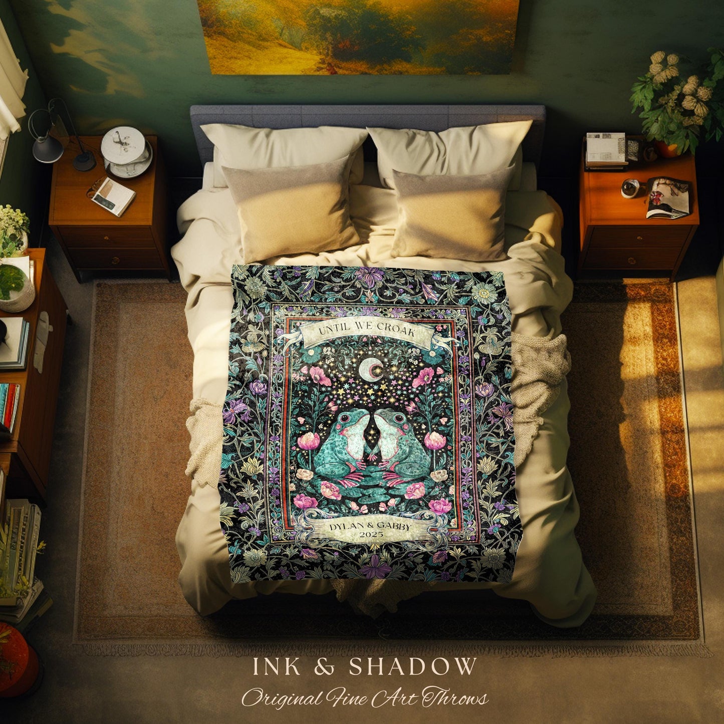 Eclectic Floral Custom Frog Couple Throw | Forestcore Aesthetic Until we Croak Cute Cottagecore Woven Tapestry Whimsy Mystical Fairycore |