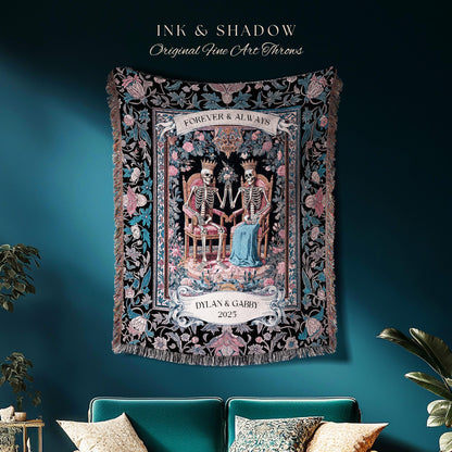 Custom Names Skeleton Couple Floral Throw | Baroque Aesthetic Renaissance Personalized Gothic Fairytale Magic Royal Theme Wedding Celestial