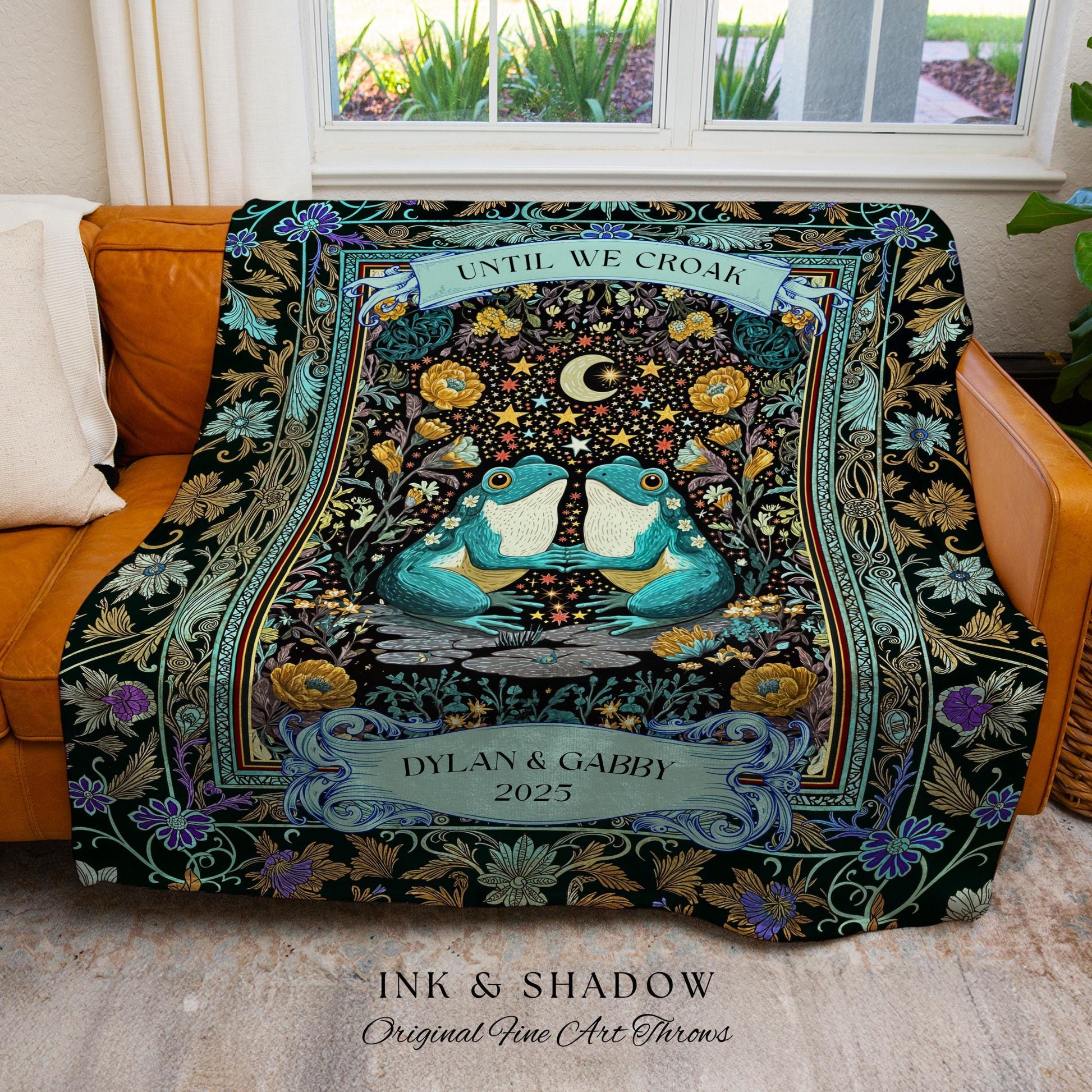 Frog and Toad Celestial Lovers Tapestry | Dark Cottagecore Whimsigoth Couple Goblincore Wedding Anniversary Mystic Theme Botanical Folklore