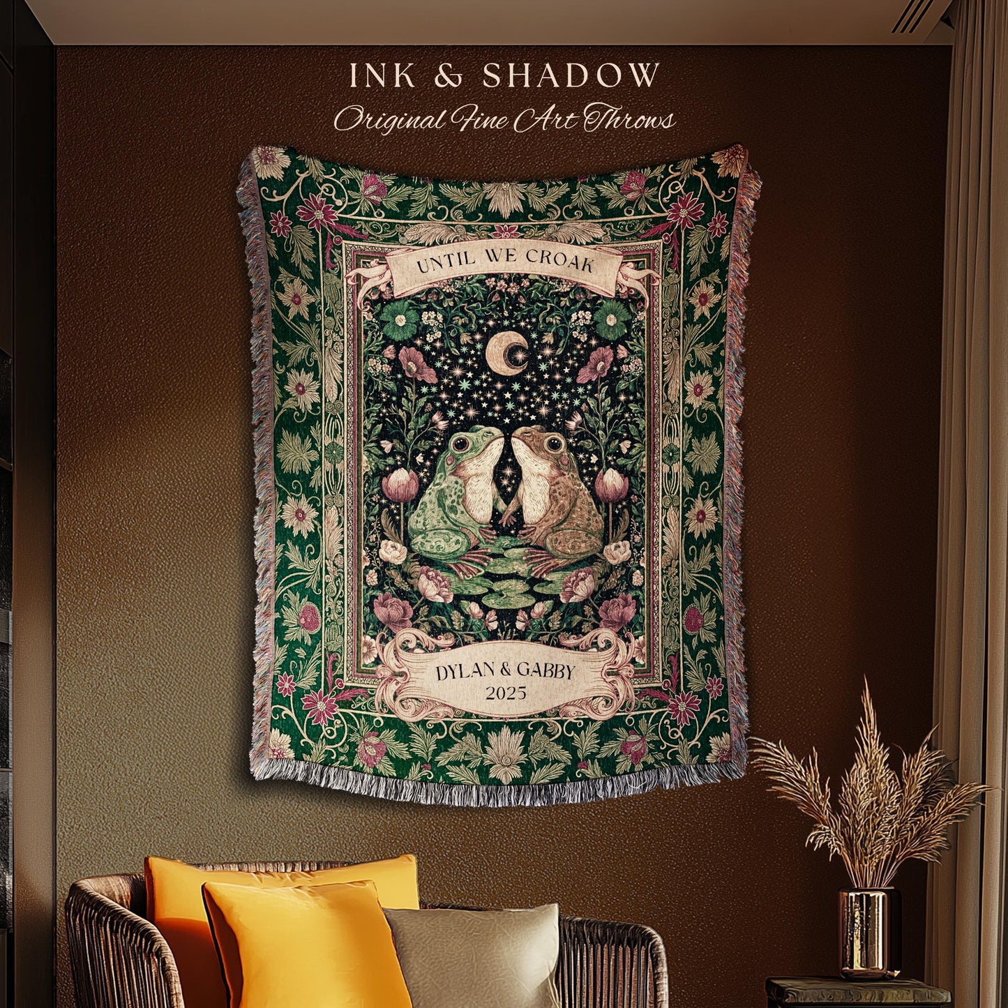 Whimsical Floral Custom Frog Couple Throw | Fairycore Aesthetic Cottagecore Personalized Frog Lovers Gift Until we Croak Botanical Aesthetic