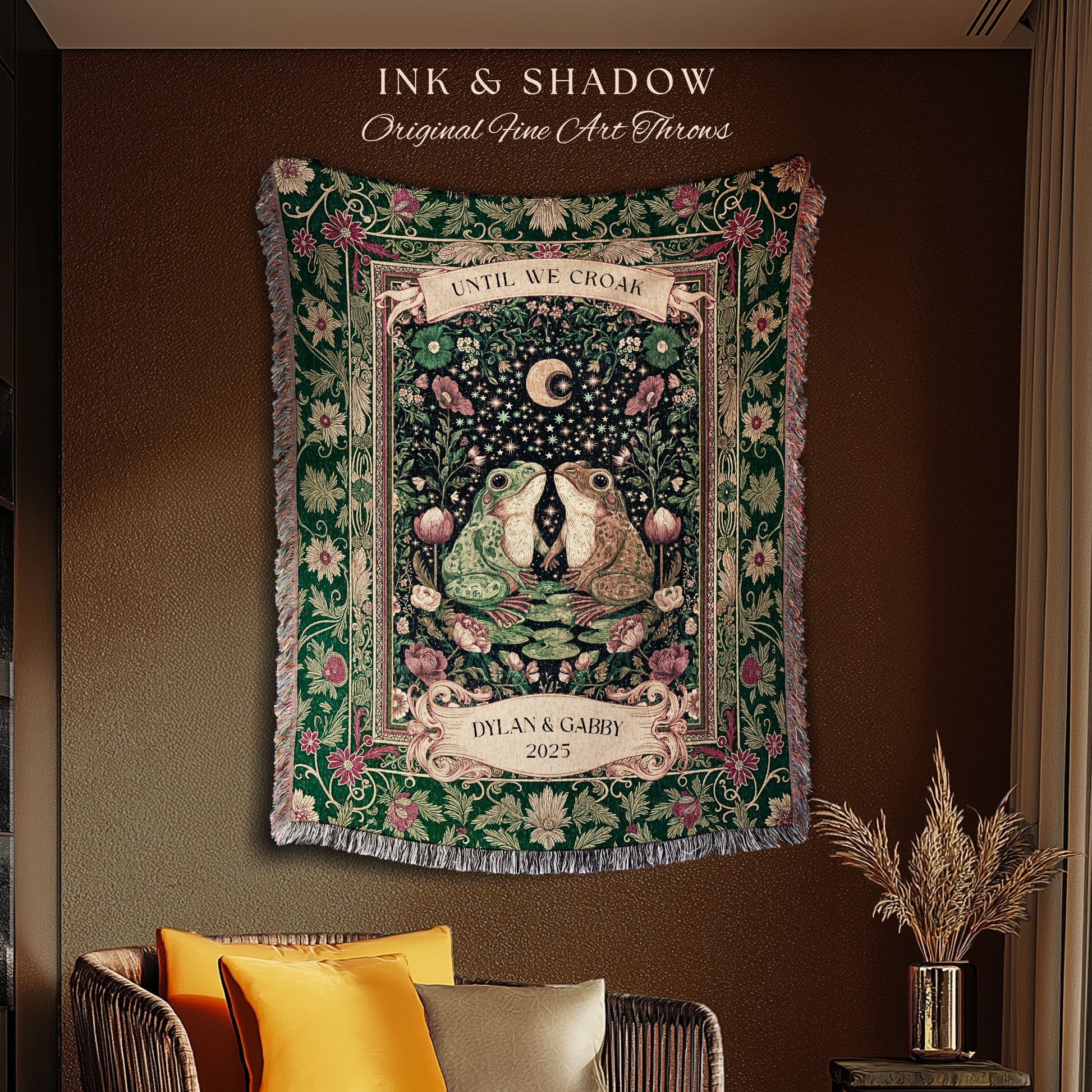 Whimsical Floral Custom Frog Couple Throw | Fairycore Aesthetic Cottagecore Personalized Frog Lovers Gift Until we Croak Botanical Aesthetic