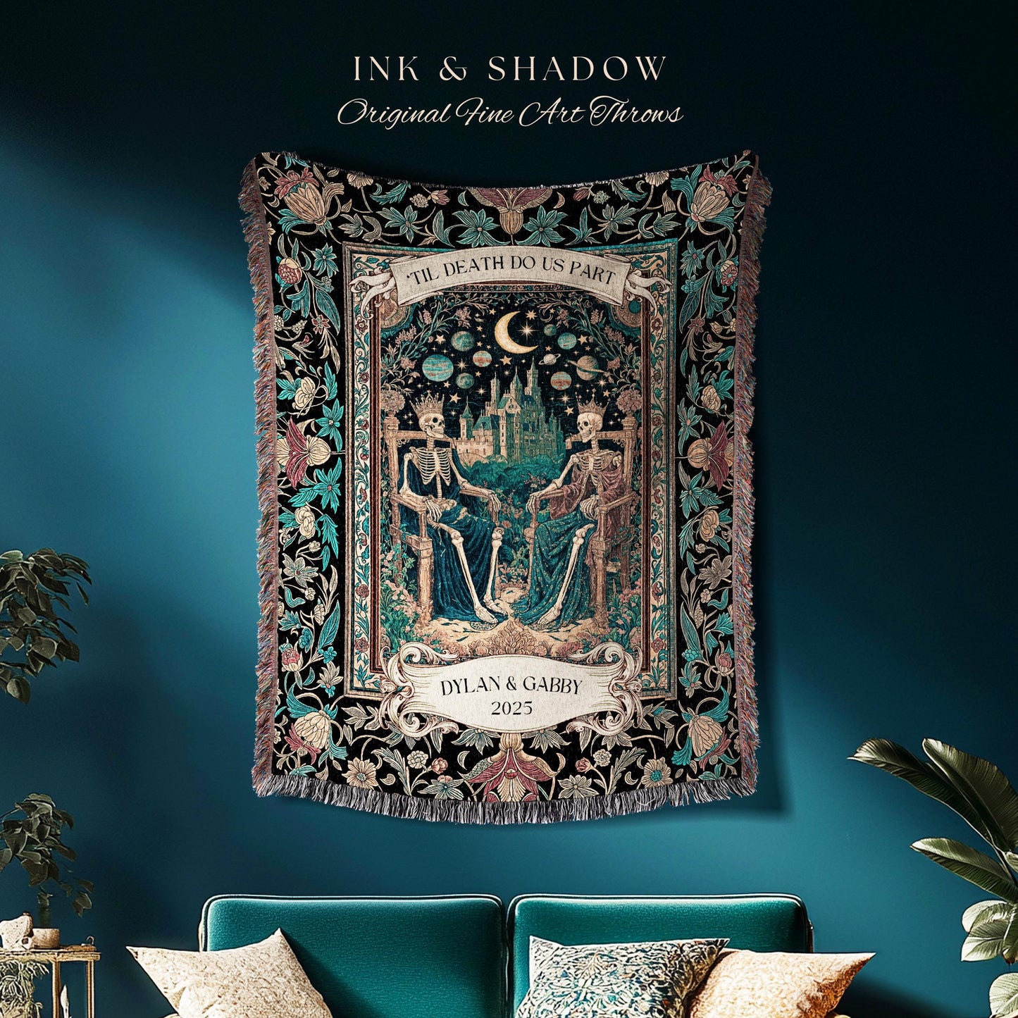 Starlit Skeleton Lovers Celestial Throw | Gothic Castle Whimsigothic Romance Cosmic Sky Baroque Magical Personalized King and Queen Blanket