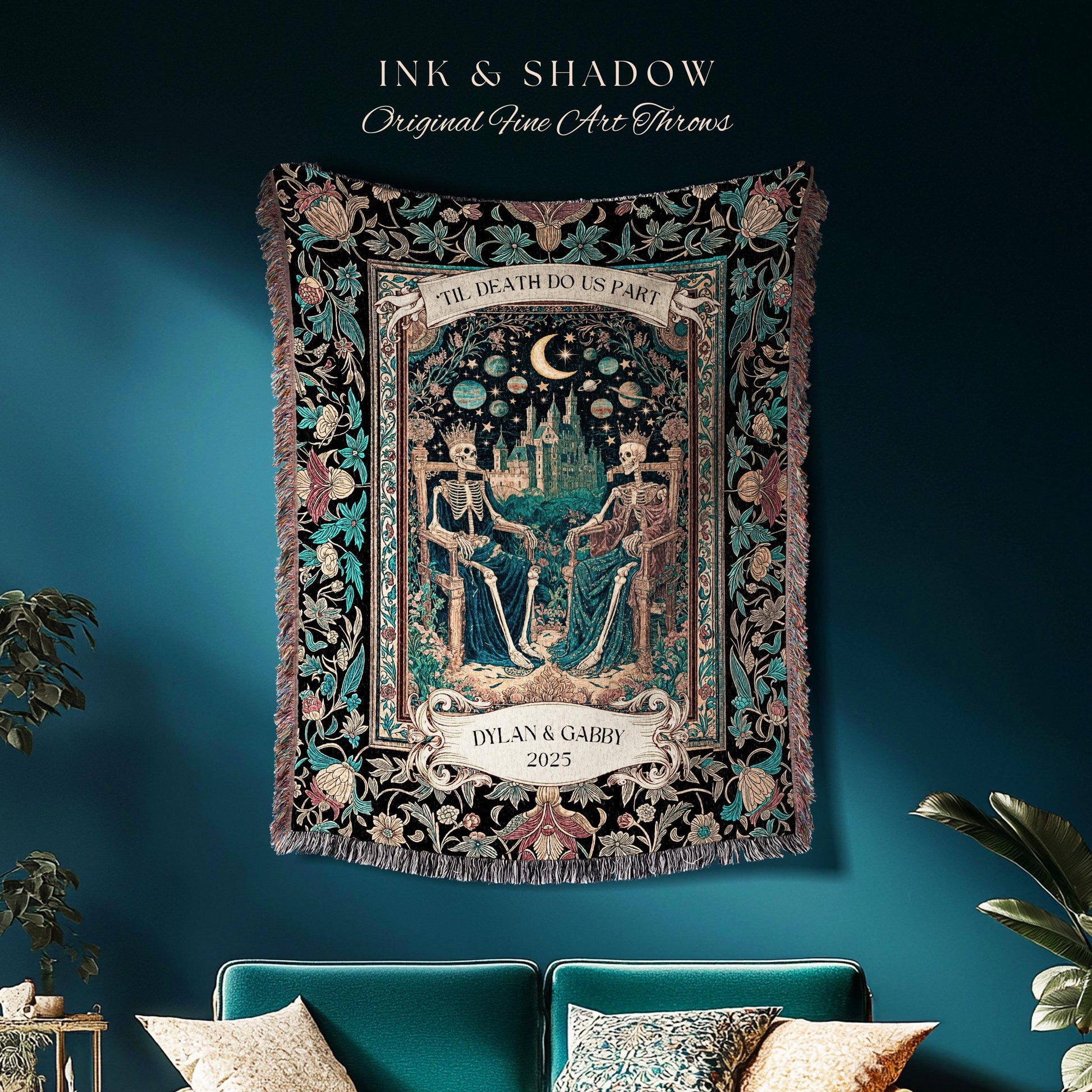 Starlit Skeleton Lovers Celestial Throw | Gothic Castle Whimsigothic Romance Cosmic Sky Baroque Magical Personalized King and Queen Blanket