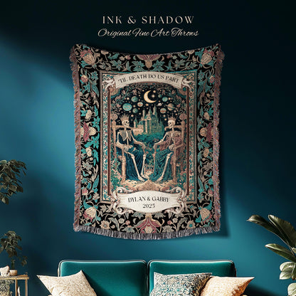 Starlit Skeleton Lovers Celestial Throw | Gothic Castle Whimsigothic Romance Cosmic Sky Baroque Magical Personalized King and Queen Blanket