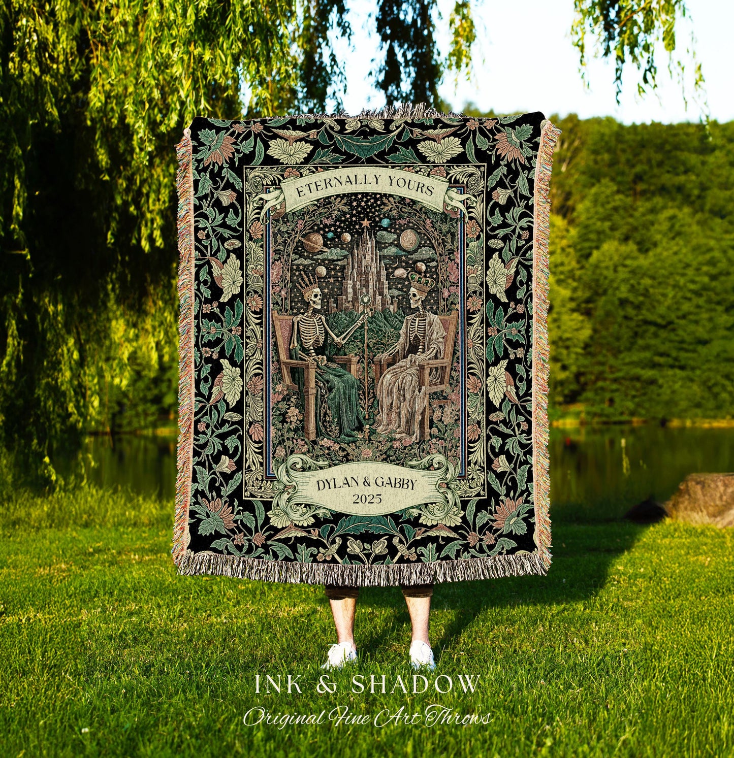 Custom Skeleton Couple Gothic Blanket | Regal Regency Victorian Baroque King and Queen Skeletons Celestial Fantasy Mystic Throw Personalized