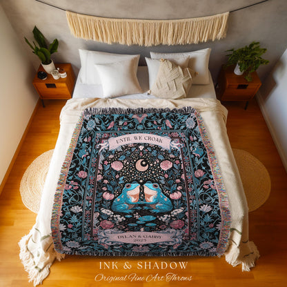 Bohemian Frog Lovers Custom Tapestry | Enchanted Woodland Forest Folklore Wedding Mystical Fairycore Until We Croak Personalized Couple Gift