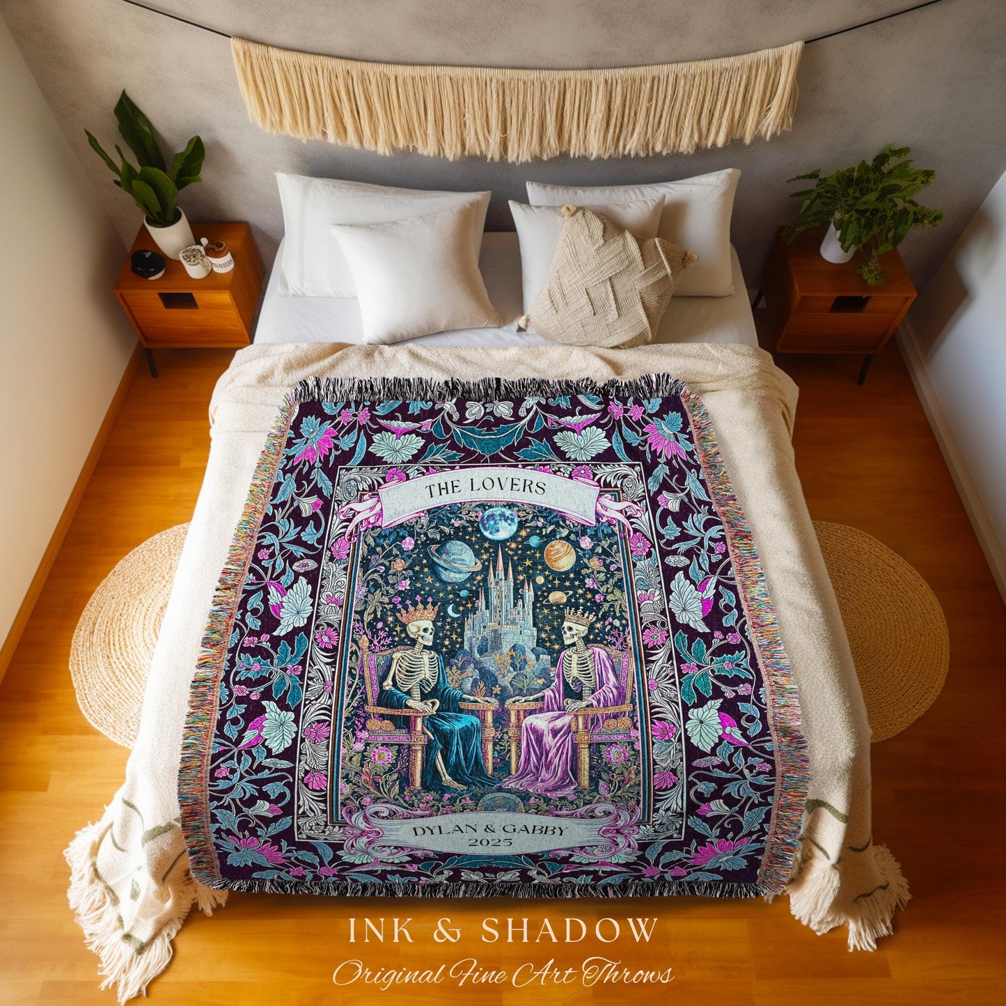 Personalized Skeleton Throne Celestial Throw | Whimsical Baroque Lovers Gothic Fairytale Custom King & Queen Ethereal Floral Aesthetic Gift