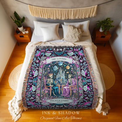 Personalized Skeleton Throne Celestial Throw | Whimsical Baroque Lovers Gothic Fairytale Custom King & Queen Ethereal Floral Aesthetic Gift