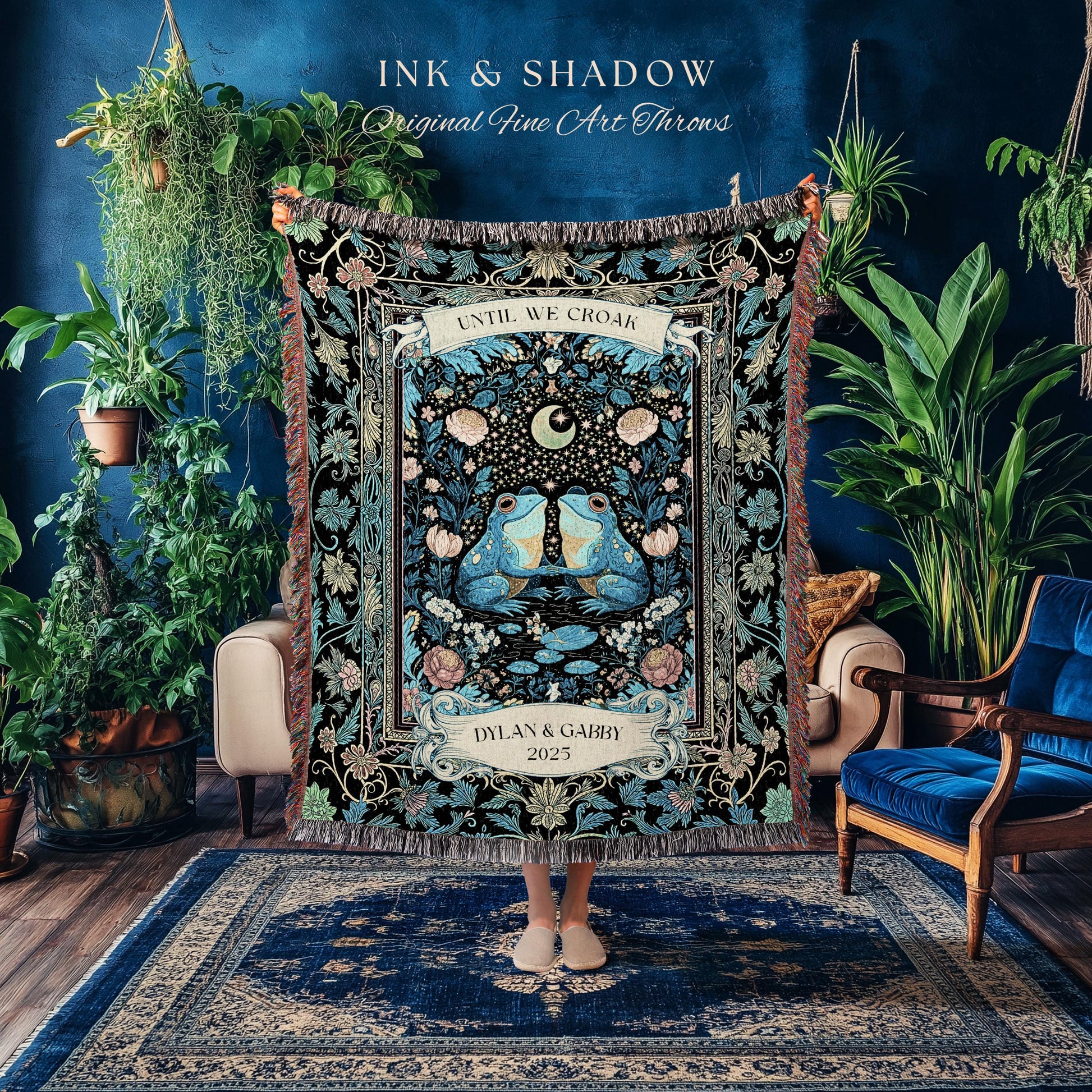 Personalized Frog Lovers Blue Moon Throw | Whimsigoth Woven Tapestry Enchanted Garden Until we Croak Gift Goblincore Couple Custom Blanket