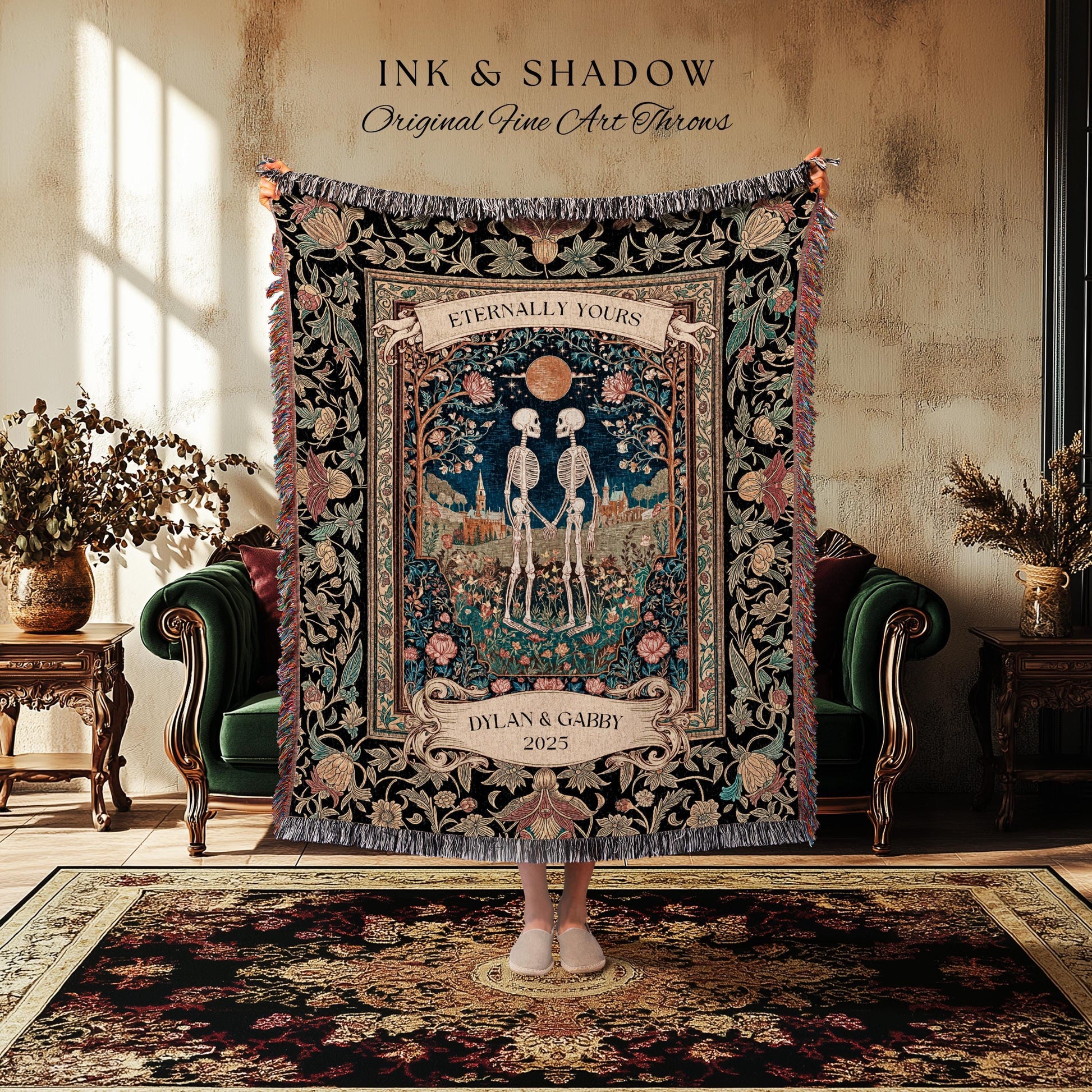Cute Romantic Skeletons Custom Tapestry | Autumnal Wedding Florals Dark Academia Fairytale Magic Baroque Personalized Cottagecore Lovers