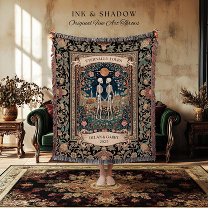 Cute Romantic Skeletons Custom Tapestry | Autumnal Wedding Florals Dark Academia Fairytale Magic Baroque Personalized Cottagecore Lovers