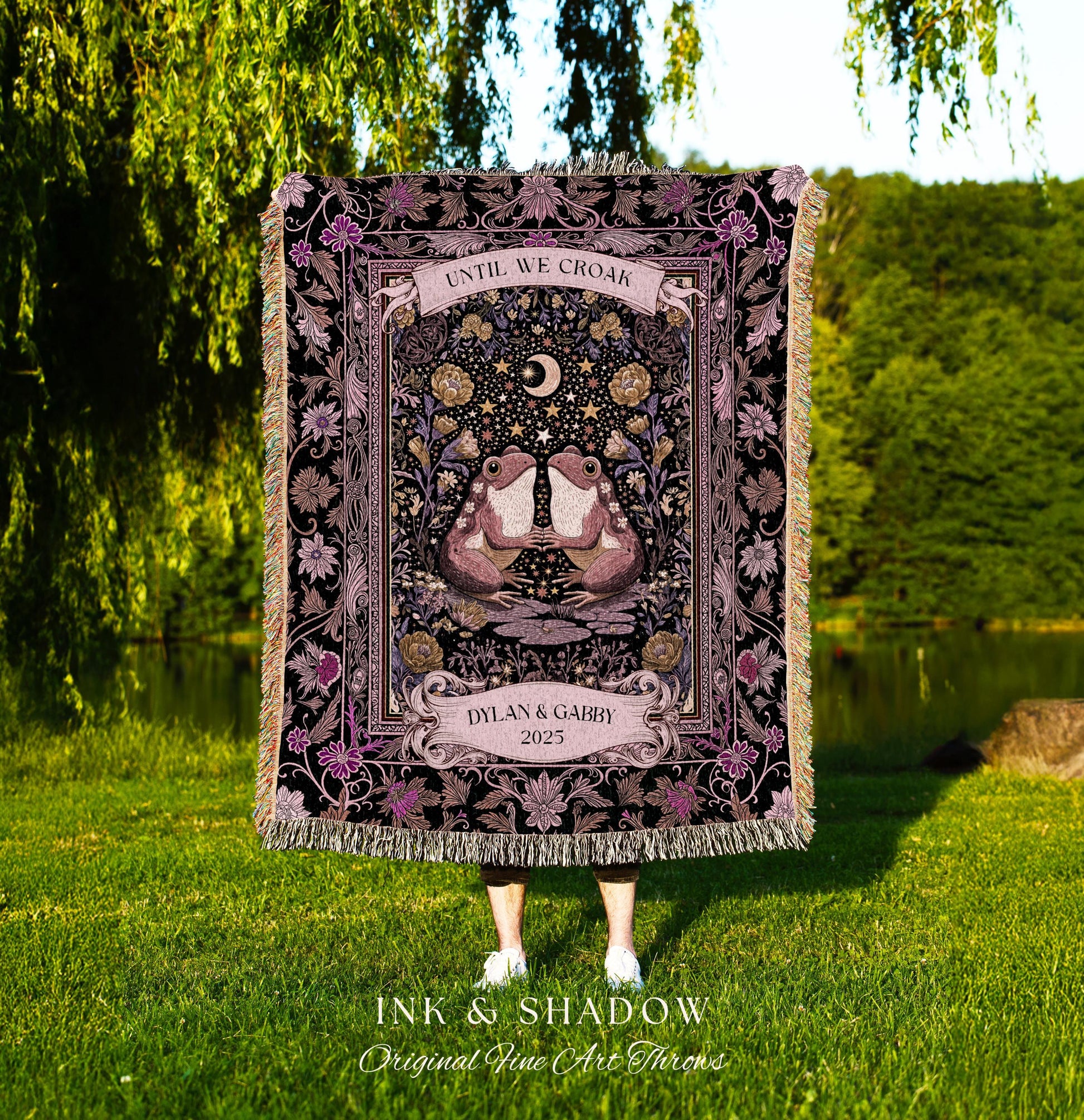 Pastel Goblincore Custom Frog Couple Tapestry | Cottagecore Lovers Whimsigothic Enchanted Personalized Fairycore Girlfriend Gift Botanical