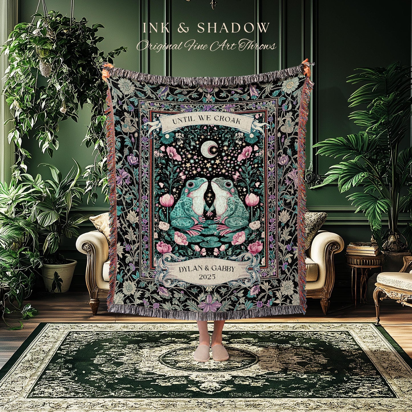 Eclectic Floral Custom Frog Couple Throw | Forestcore Aesthetic Until we Croak Cute Cottagecore Woven Tapestry Whimsy Mystical Fairycore |