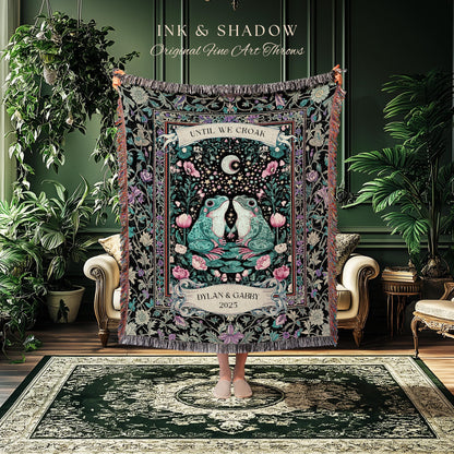 Eclectic Floral Custom Frog Couple Throw | Forestcore Aesthetic Until we Croak Cute Cottagecore Woven Tapestry Whimsy Mystical Fairycore |