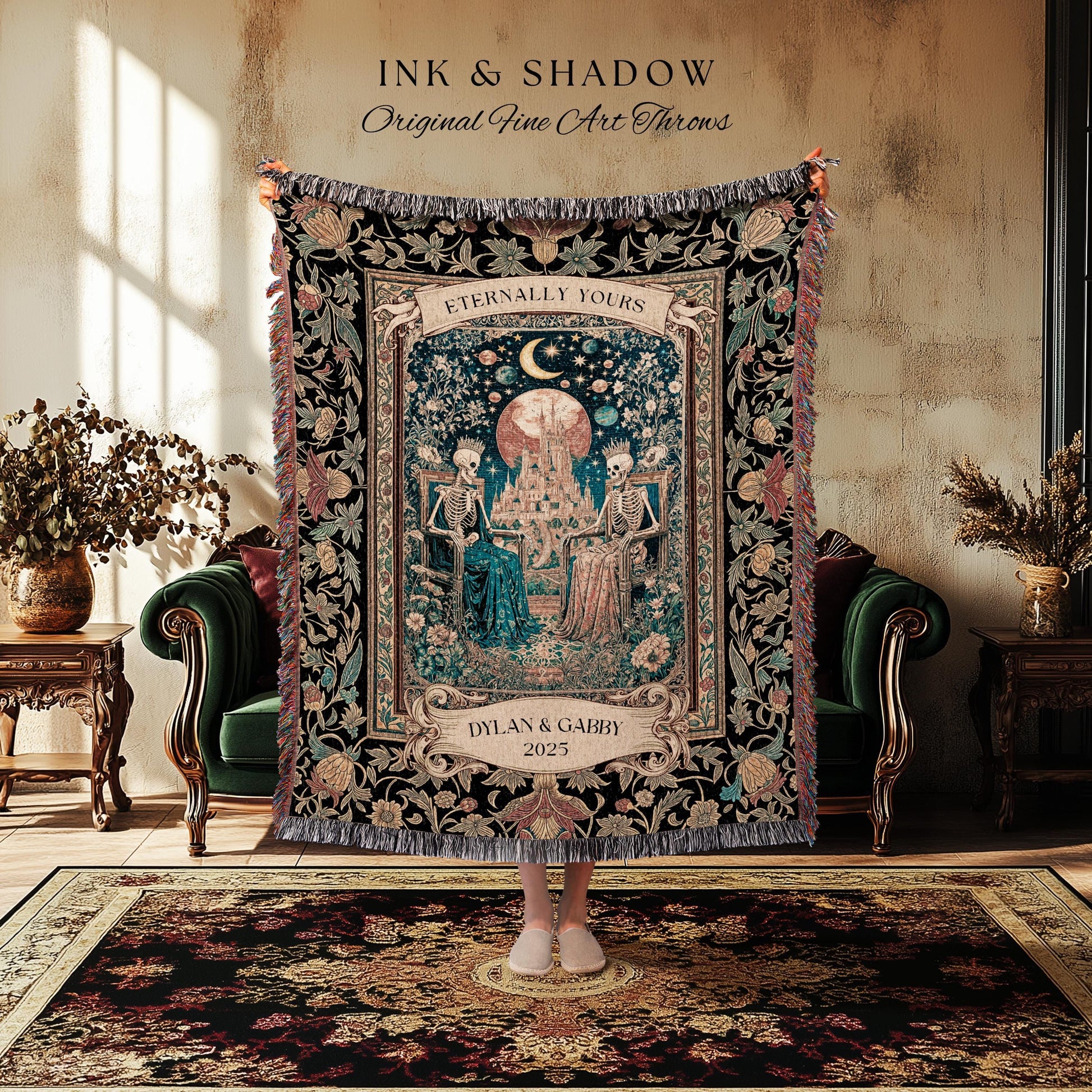 Golden Custom Skeleton Couple Throw | Celestial Personalized Gothic Lovers Moonlit Romantic Baroque Floral Gothic Fairytale Magic Blanket |