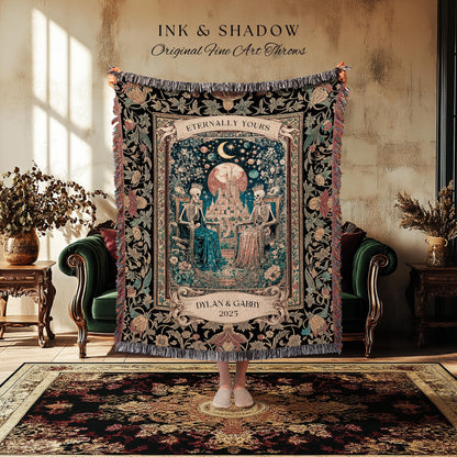 Golden Custom Skeleton Couple Throw | Celestial Personalized Gothic Lovers Moonlit Romantic Baroque Floral Gothic Fairytale Magic Blanket |