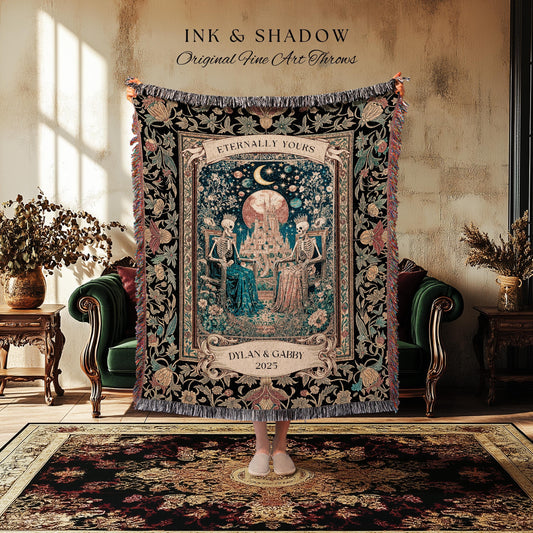 Golden Custom Skeleton Couple Throw | Celestial Personalized Gothic Lovers Moonlit Romantic Baroque Floral Gothic Fairytale Magic Blanket |