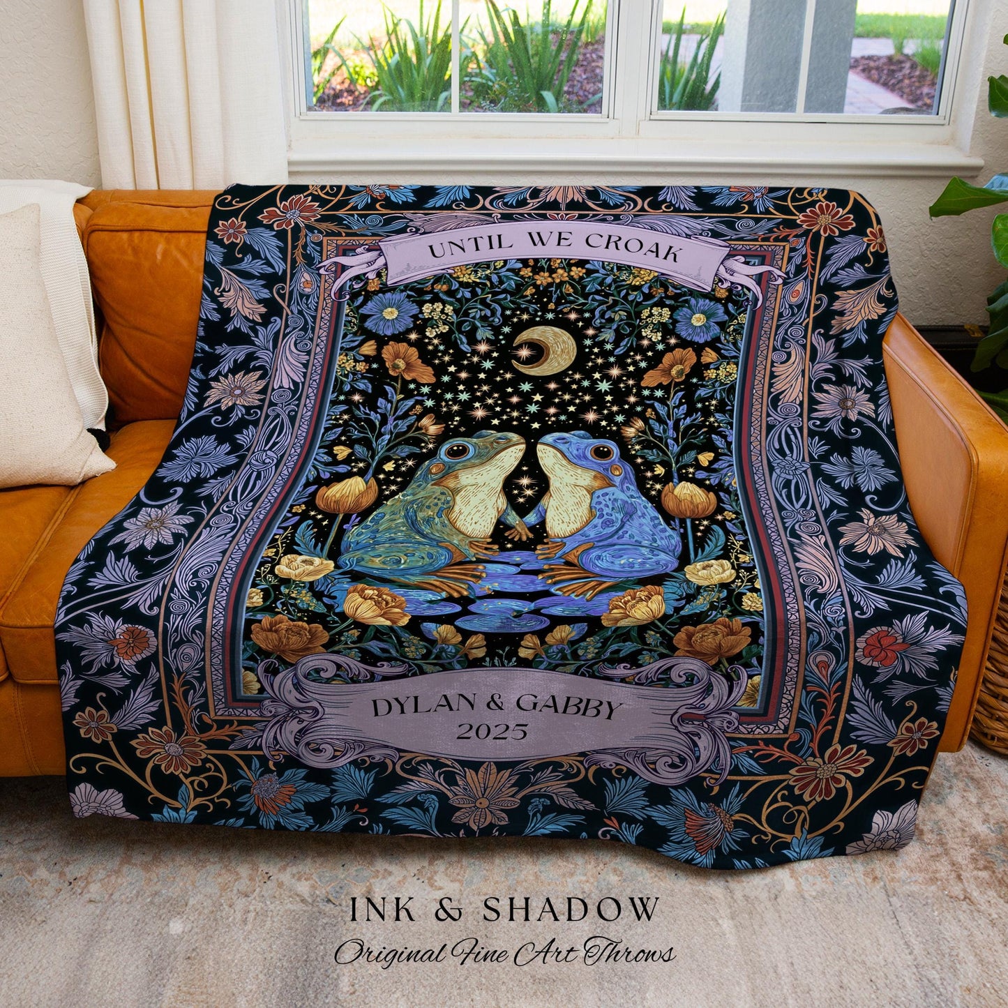 Magical Frog Lovers Personalized Throw | Whimsical Couple Enchanted Forestcore Wedding Mystical Fantasy Aesthetic Goblincore Forest Blanket