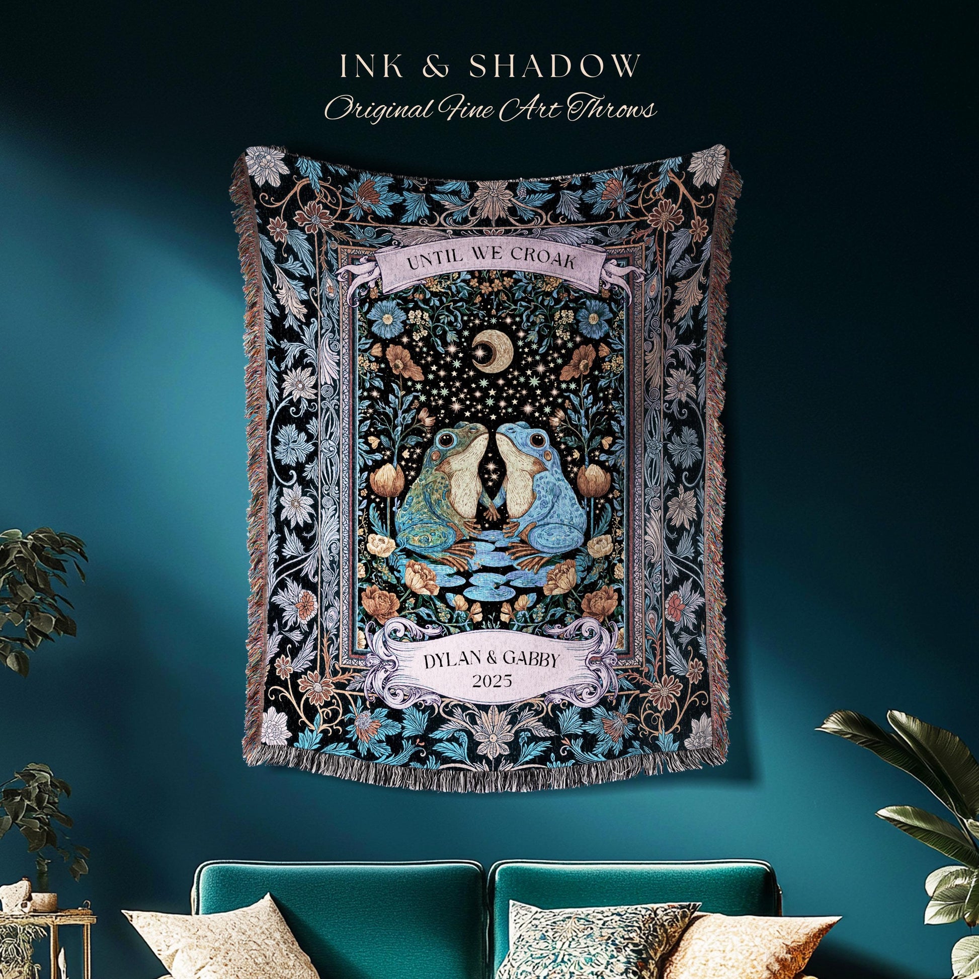 Magical Frog Lovers Personalized Throw | Whimsical Couple Enchanted Forestcore Wedding Mystical Fantasy Aesthetic Goblincore Forest Blanket