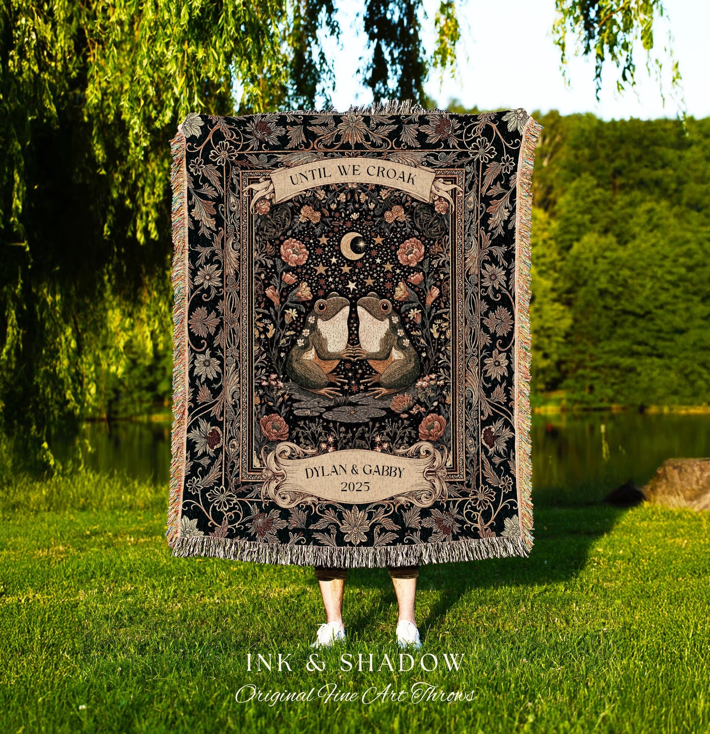 Custom Folklore Frog Couple Blanket | Scandi Bohemian Anniversary Gift Whimsical Eclectic Woodland Wedding Cute Cottagecore Mushroomcore Art