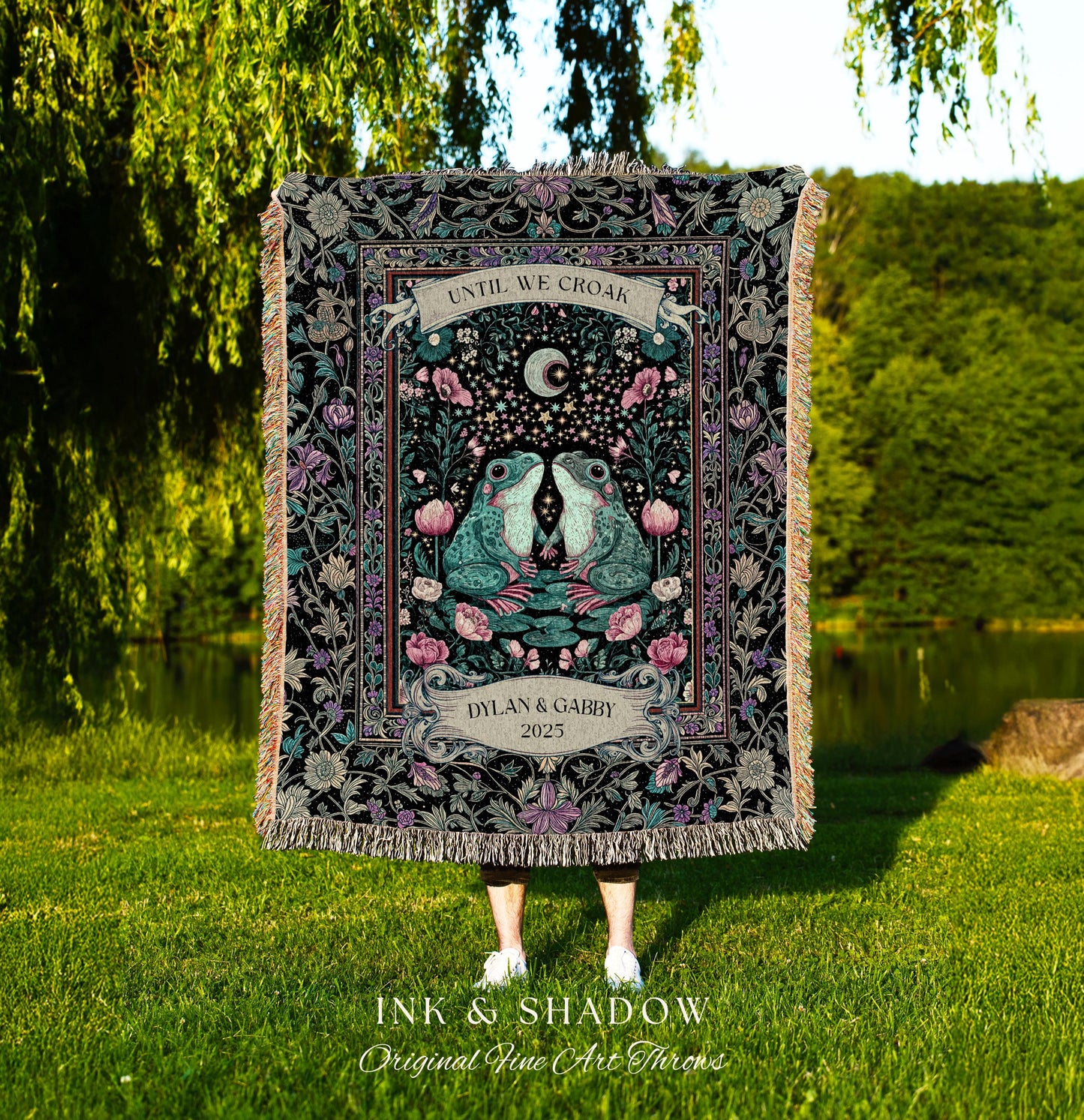 Eclectic Floral Custom Frog Couple Throw | Forestcore Aesthetic Until we Croak Cute Cottagecore Woven Tapestry Whimsy Mystical Fairycore |