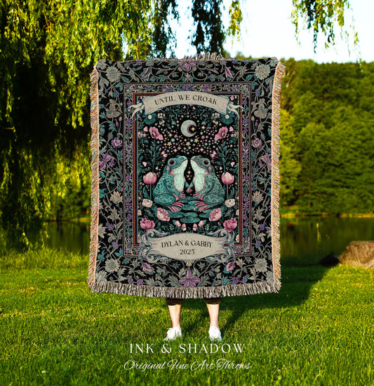 Eclectic Floral Custom Frog Couple Throw | Forestcore Aesthetic Until we Croak Cute Cottagecore Woven Tapestry Whimsy Mystical Fairycore |