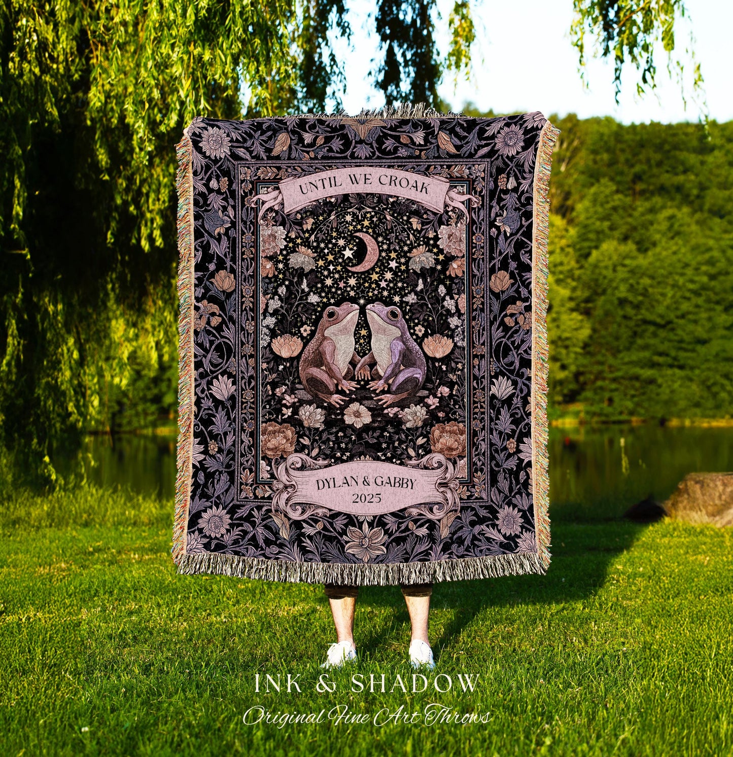 Soft Fairycore Frog Couple Custom Throw | Purple Whimsical Personalized Anniversary Cottagecore Aesthetic Until We Croak Wedding Blanket |