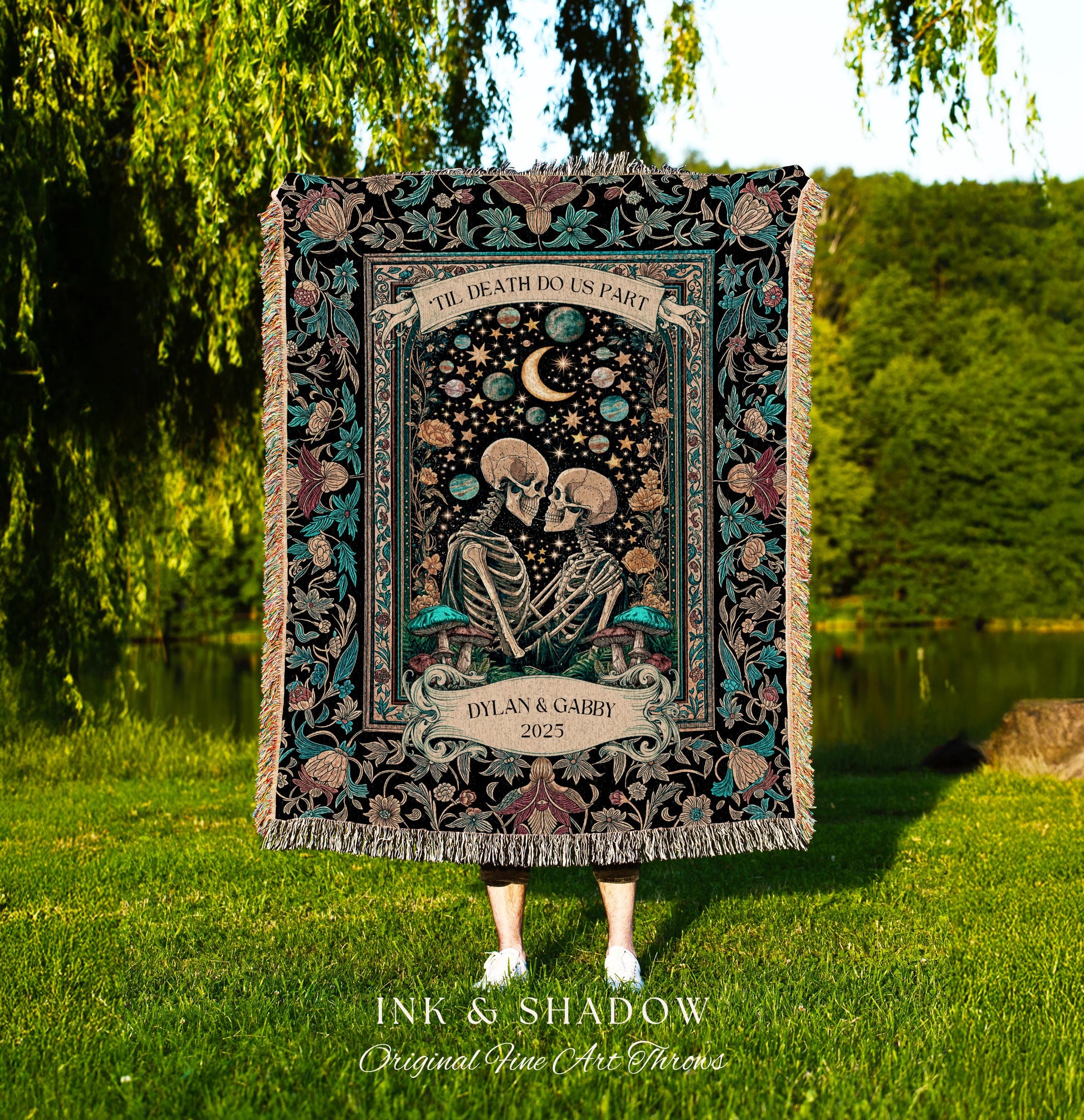 Cosmic Skeleton Lovers Custom Blanket | Gothic Elegance Celestial Anniversary Romance Dark Academia Celestial Personalized Couple Ethereal |